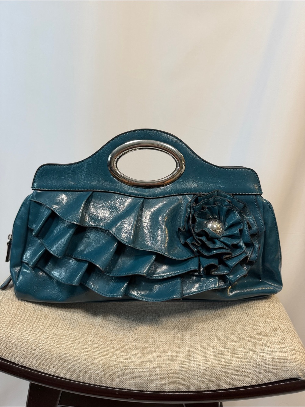 NICOLE Teal Ruffle Flower Handle Clutch - Stylish Women's Bag